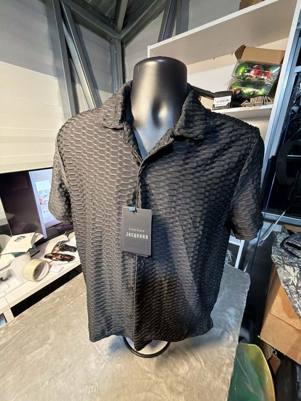 Cactus Man Ricky Singh Structured Jacquard Short Sleeve Button Down Shirt Black